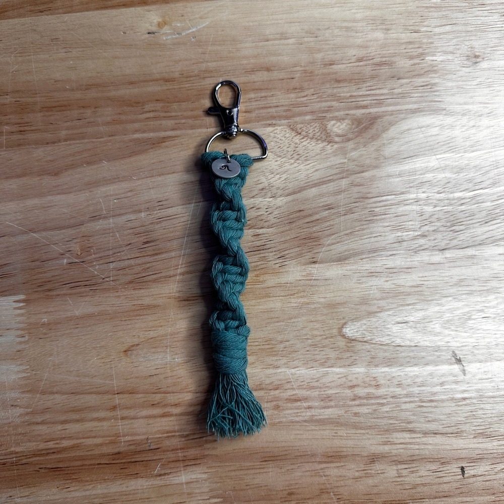 Handmade Macrame Spiral Tassel Keychain Teal Green Boho Bag Charm Silver Clasp